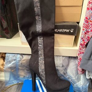 Black Suede Knee-High Boots with Silver Accents